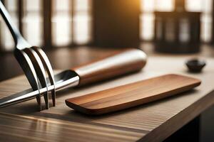 une couteau et fourchette sur une en bois tableau. généré par ai photo