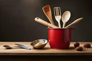 une rouge pot avec en bois ustensiles séance sur une tableau. généré par ai photo