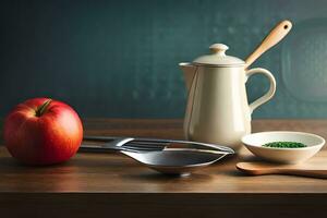 une en bois table avec un pomme, cuillère, et autre ustensiles. généré par ai photo