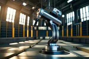 une robot est séance sur une métal Plate-forme dans une entrepôt. généré par ai photo