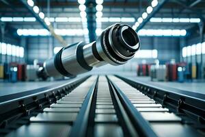 une grand métal objet sur une Piste dans une usine. généré par ai photo