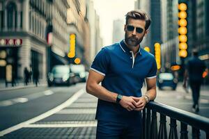 une homme avec une barbe et des lunettes de soleil est permanent sur une rue. généré par ai photo