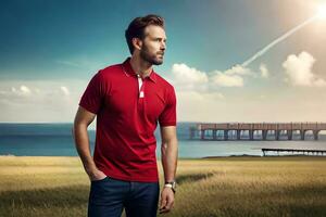 une homme dans une rouge polo chemise permanent sur une herbeux champ. généré par ai photo