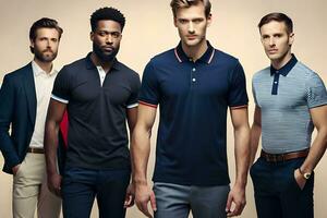 quatre Hommes dans polo chemises permanent suivant à chaque autre. généré par ai photo