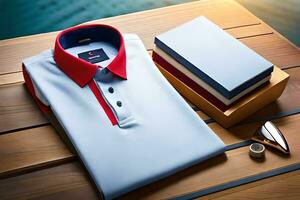 une bleu et rouge polo chemise avec une livre sur Haut. généré par ai photo