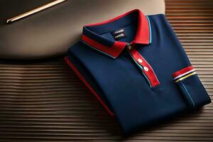 une bleu polo chemise avec rouge et bleu rayures. généré par ai photo
