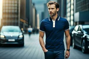 une homme dans une bleu polo chemise permanent sur une ville rue. généré par ai photo