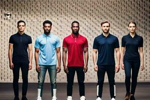 cinq Hommes dans différent couleurs de polo chemises. généré par ai photo
