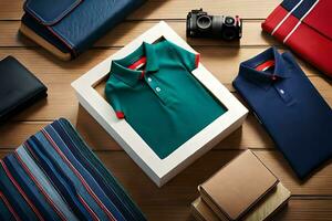 une vert polo chemise, une caméra, et une portefeuille. généré par ai photo