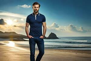 une homme dans une polo chemise et jeans permanent sur le plage. généré par ai photo