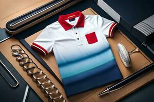 une blanc polo chemise avec rouge, bleu et blanc rayures. généré par ai photo