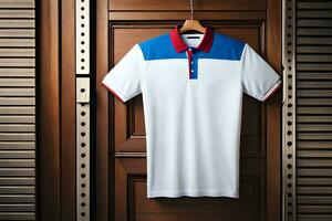 une blanc polo chemise pendaison sur une en bois porte. généré par ai photo