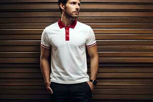 une homme dans une blanc et rouge polo chemise. généré par ai photo