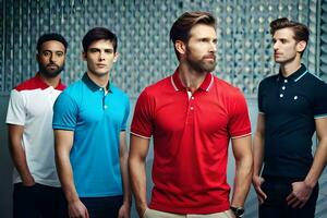 quatre Hommes portant différent coloré polo chemises. généré par ai photo