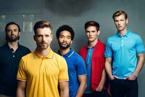 une groupe de Hommes portant différent coloré polo chemises. généré par ai photo