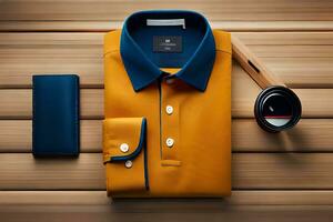 un Orange chemise, bleu chemise, et une paire de des lunettes de soleil. généré par ai photo