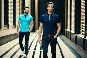 deux Hommes dans bleu polo chemises en marchant vers le bas un ruelle. généré par ai photo