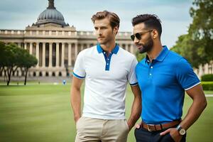 deux Hommes dans bleu et blanc polo chemises permanent sur une le golf cours. généré par ai photo