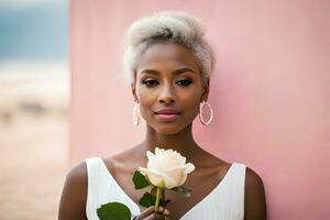 une magnifique noir femme avec blanc cheveux en portant une Rose. généré par ai photo