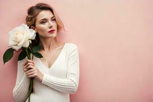 magnifique femme en portant blanc Rose contre rose Contexte. généré par ai photo