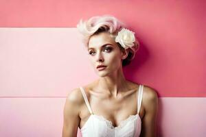 magnifique Jeune femme avec rose cheveux et blanc fleur dans sa cheveux. généré par ai photo