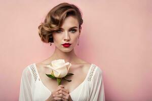 magnifique femme avec rouge lèvres et blanc Rose. généré par ai photo