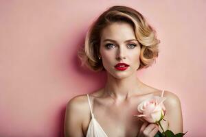 magnifique femme avec rouge rouge à lèvres et Rose. généré par ai photo