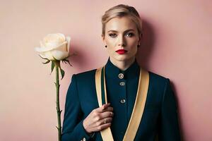 une femme dans une costume en portant une Rose. généré par ai photo