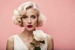 une femme avec une blanc Rose dans sa main. généré par ai photo