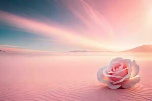 une Célibataire Rose est assis sur le le sable dans de face de une rose ciel. généré par ai photo