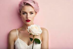 magnifique femme avec rose cheveux et blanc Rose. généré par ai photo