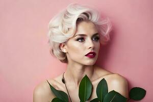 magnifique blond femme avec court cheveux et vert feuilles. généré par ai photo