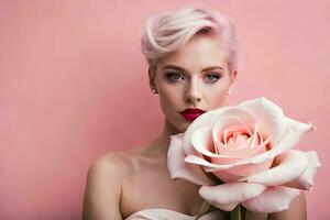 magnifique femme avec rose cheveux en portant une Rose. généré par ai photo