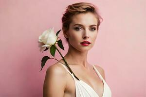 magnifique femme dans blanc robe en portant une Rose. généré par ai photo