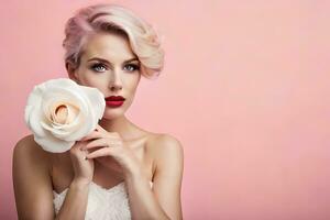 magnifique blond femme avec blanc Rose sur rose Contexte. généré par ai photo