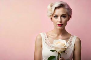 une femme avec une blanc Rose dans sa main. généré par ai photo