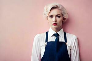 une femme dans un tablier et attacher permanent contre une rose Contexte. généré par ai photo