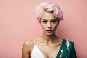 une femme avec rose cheveux et vert robe. généré par ai photo