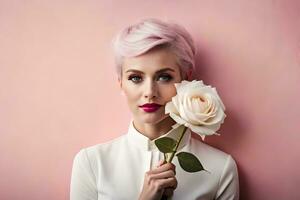 une femme avec rose cheveux en portant une Rose. généré par ai photo
