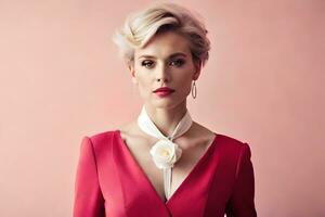 une femme dans une rouge robe et blanc collier. généré par ai photo