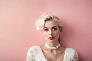 une femme portant une blanc robe et une fleur dans sa cheveux. généré par ai photo