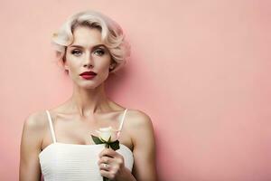 une femme avec court cheveux et une Rose. généré par ai photo