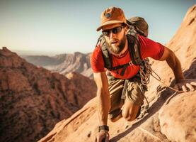 une Masculin grimpeur grimpe une Montagne à haute altitude . ai génératif photo