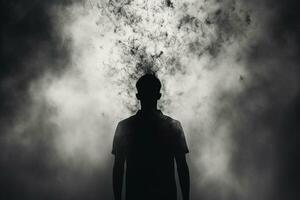 concept de problèmes et personnel crise de une personne. image de une homme dans fumée dans le sombre. établi par artificiel intelligence photo
