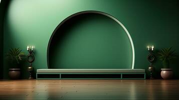 vert podium avec beige éléments dans arabe minimaliste style. podium dans le style de Ramadan, eid Moubarak.ai généré photo