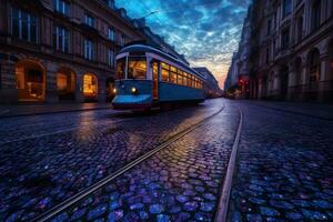 rétro tram dans européen ville. neural réseau ai généré photo