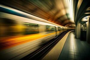 souterrain train à le tunnel sur le métro plateforme, mouvement se brouiller. neural réseau ai généré photo