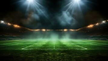 une photo de vert football champ brillant projecteurs nuit vue génératif ai