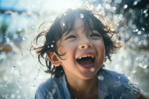 portraits visage enfant prendre plaisir l'eau parc, l'eau éclaboussure. génératif ai photo