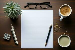 un Bureau bureau une empiler de a4 blanc papier, une stylo, une tasse de café. génératif ai photo